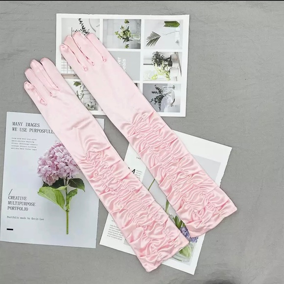 Elbow Satin Ruffle Gloves - Light Pink - Picture 2 of 2